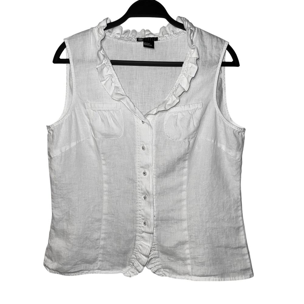 Carole Little 100% Linen Ruffle Tank Top V-Neck Button Up White Size Large EUC